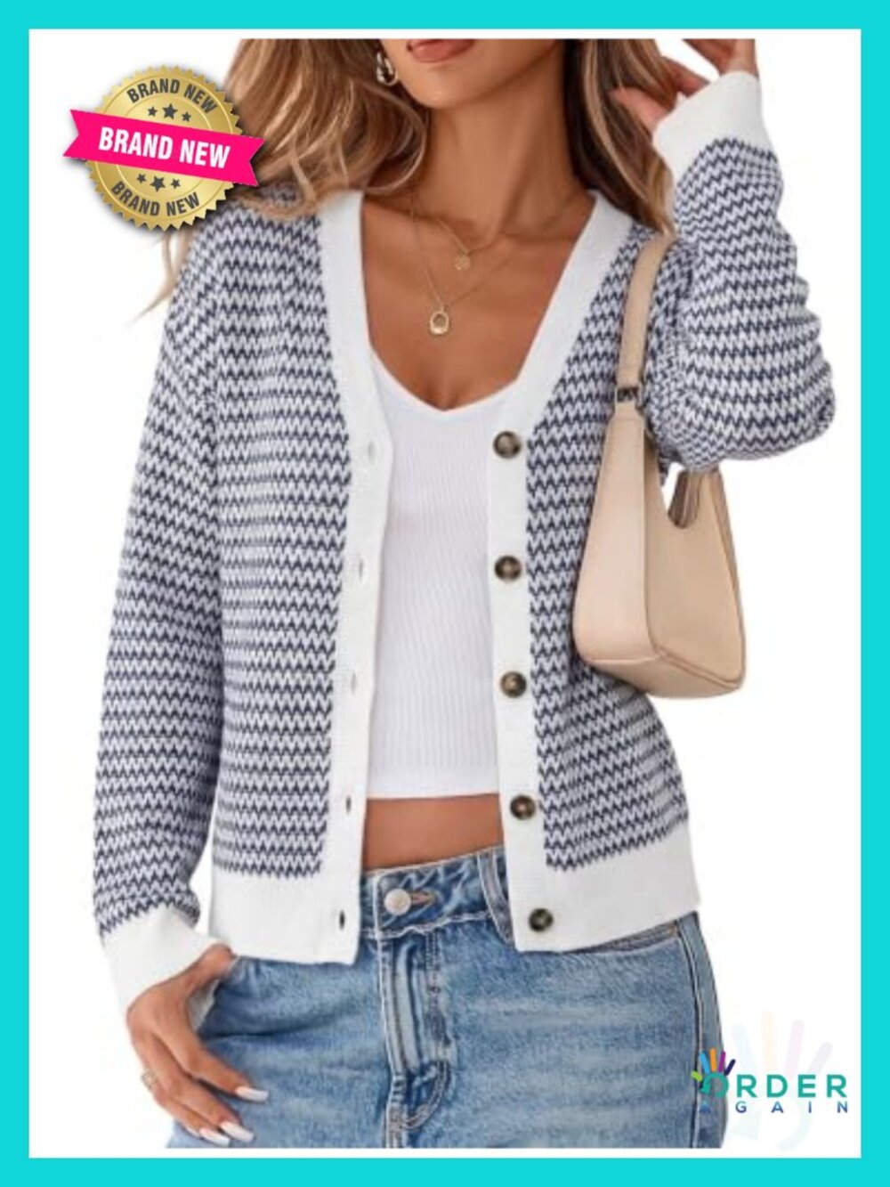 V Neck Button Front Striped Cardigan Sweater 100% Cotton Cropped Relaxed Fit